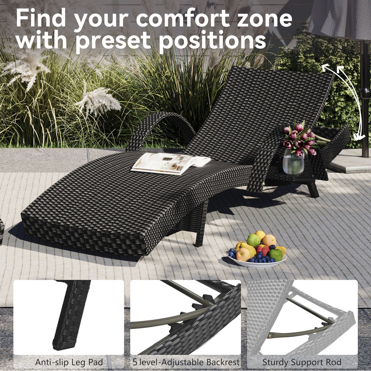2-Piece Wicker Chaise Lounge Set w/ Pull-Out Table 5-Position 470lb