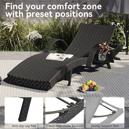 2-Piece Wicker Chaise Lounge Set w/ Pull-Out Table 5-Position 470lb