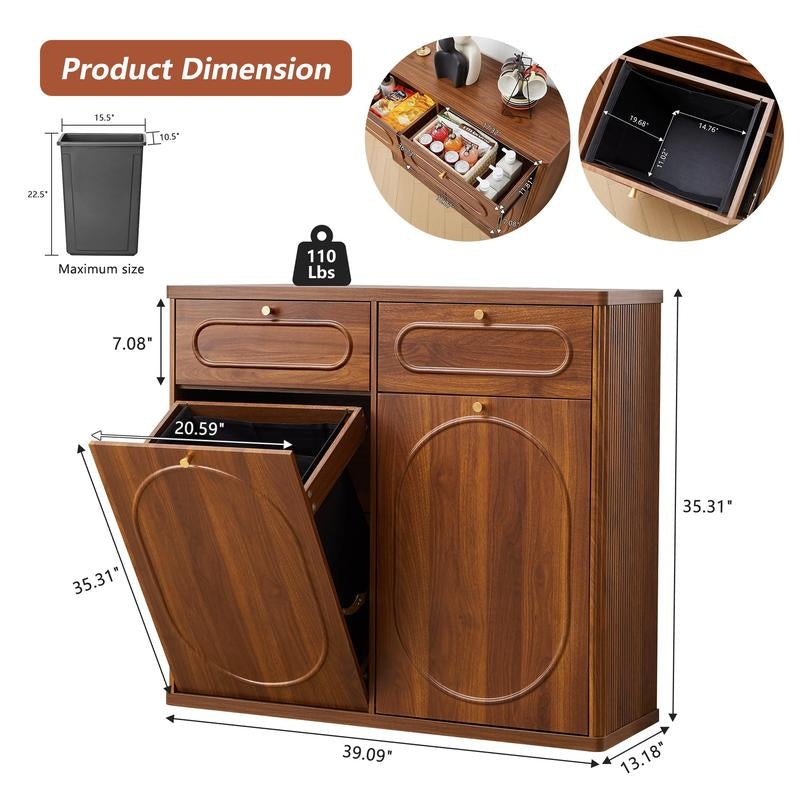 Giratree Tilt Out Trash Can Cabinet, Wood Kitchen Garbage Bin with Drawer, Fluted 10 Gallon Laundry Hamper Cabinet, Farmhouse Hidden Trash Can for Kitchen, Living Room