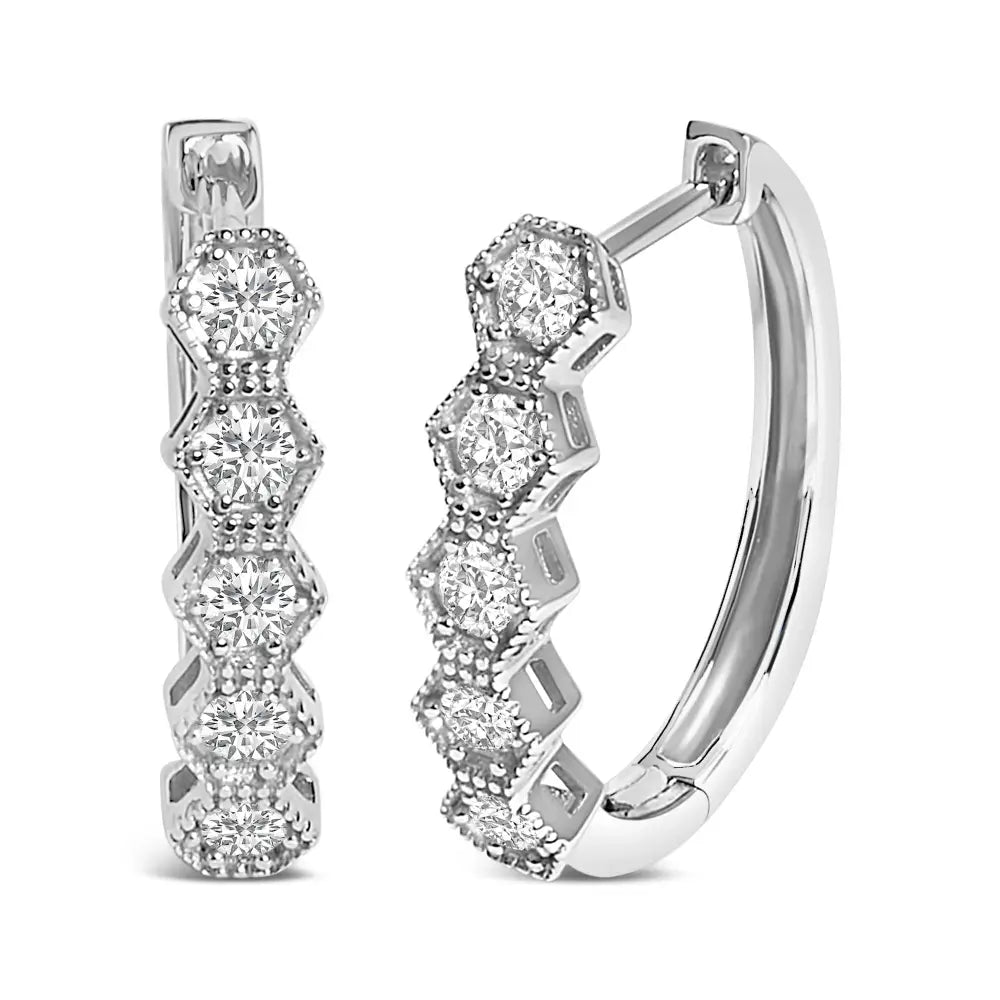 14K White Gold 1/2 Cttw Diamond Zig-Zag Milgrain Geometric Hoop Earrings