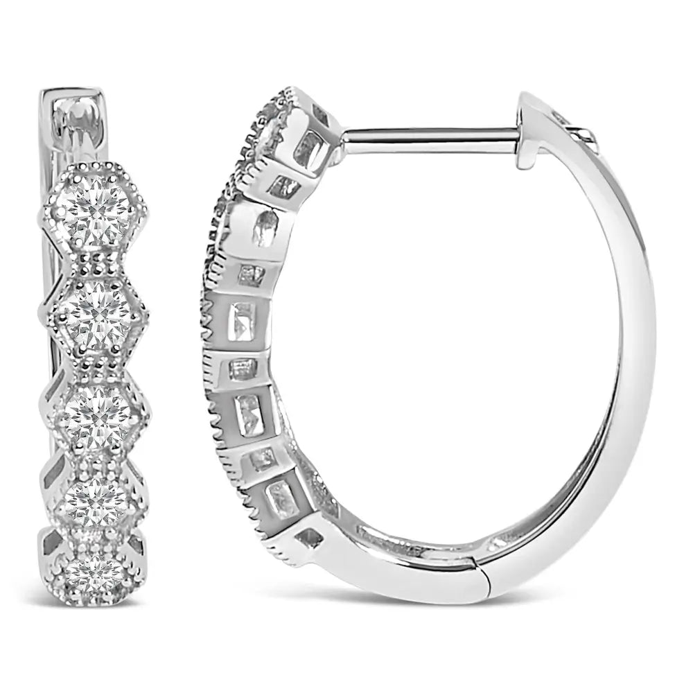 14K White Gold 1/2 Cttw Diamond Zig-Zag Milgrain Geometric Hoop Earrings