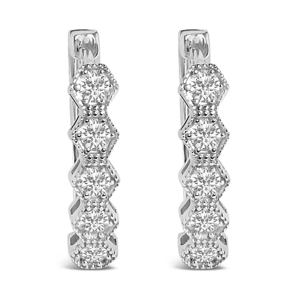 14K White Gold 1/2 Cttw Diamond Zig-Zag Milgrain Geometric Hoop Earrings