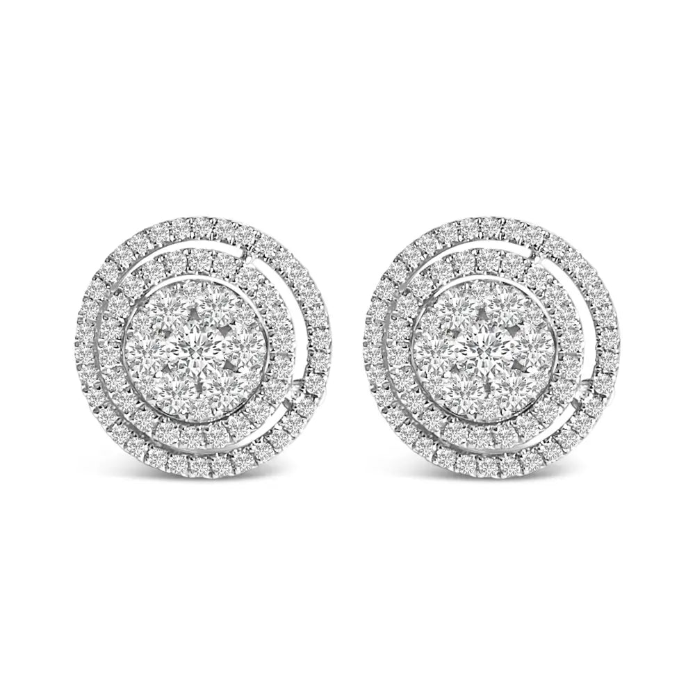 14K White Gold 1 3/8 Cttw Diamond Cluster Double Halo Stud Earrings