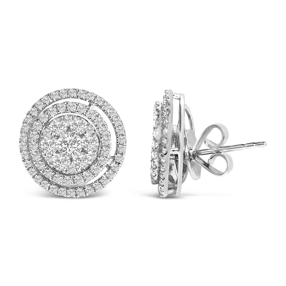 14K White Gold 1 3/8 Cttw Diamond Cluster Double Halo Stud Earrings