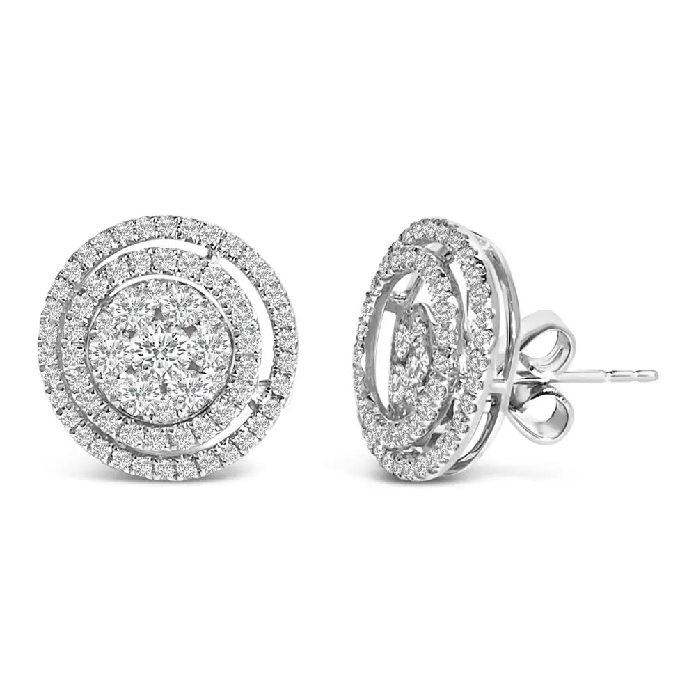 14K White Gold 1 3/8 Cttw Diamond Cluster Double Halo Stud Earrings