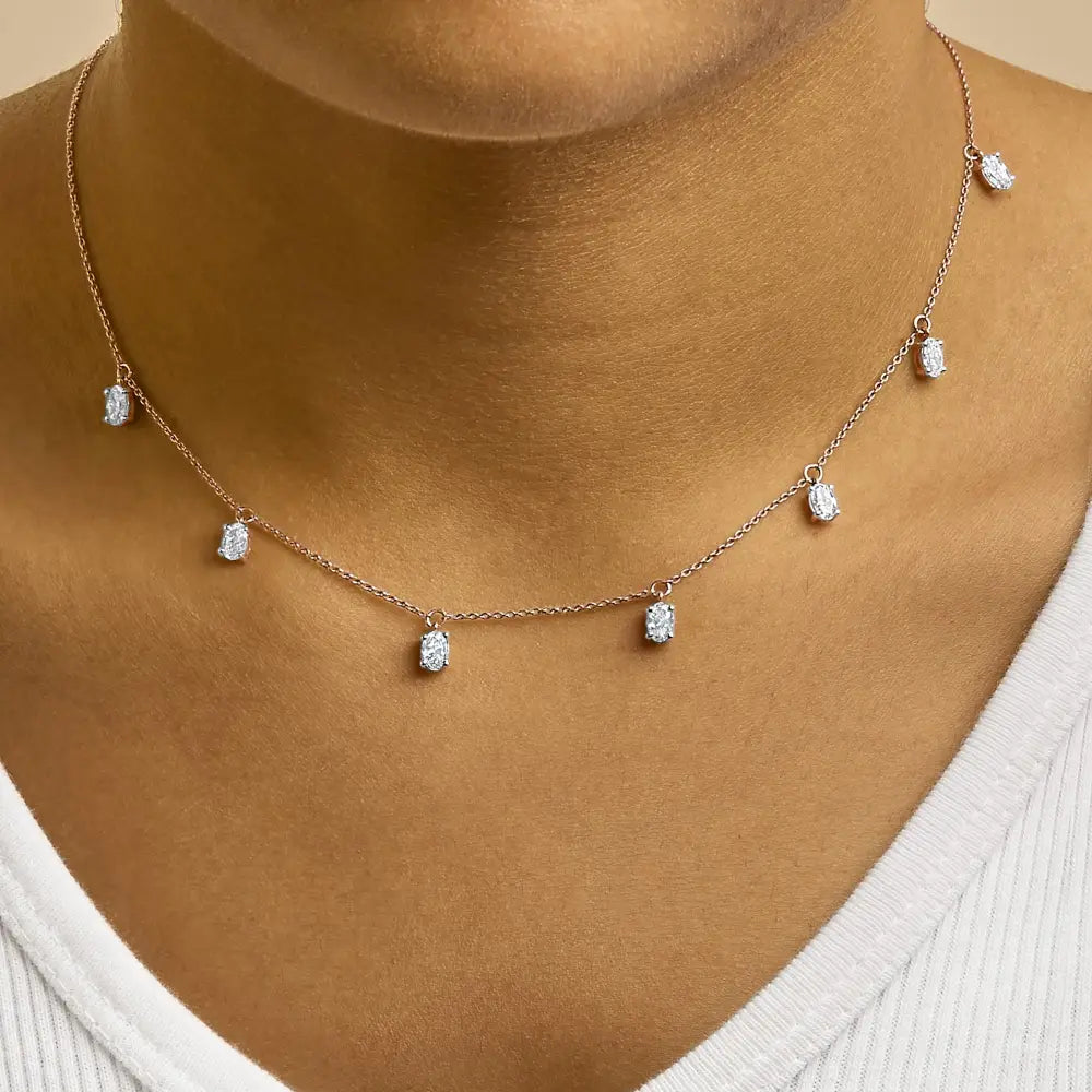 14K Rose Gold 1 3/8 Cttw Oval Lab Grown Diamond Dangle Station Necklace