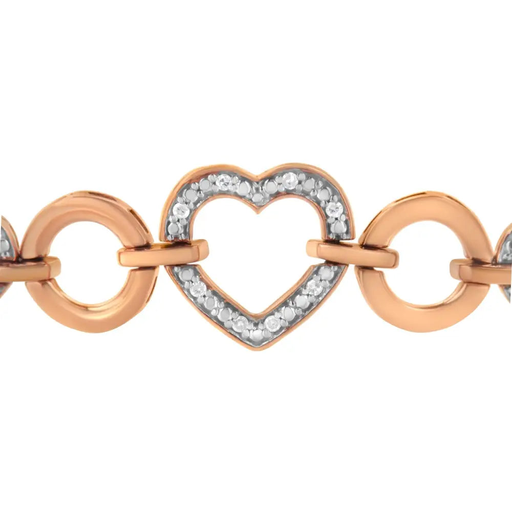 Diamond Accent Circle and Heart Link Bolo Bracelet in Rose Gold Over Silver