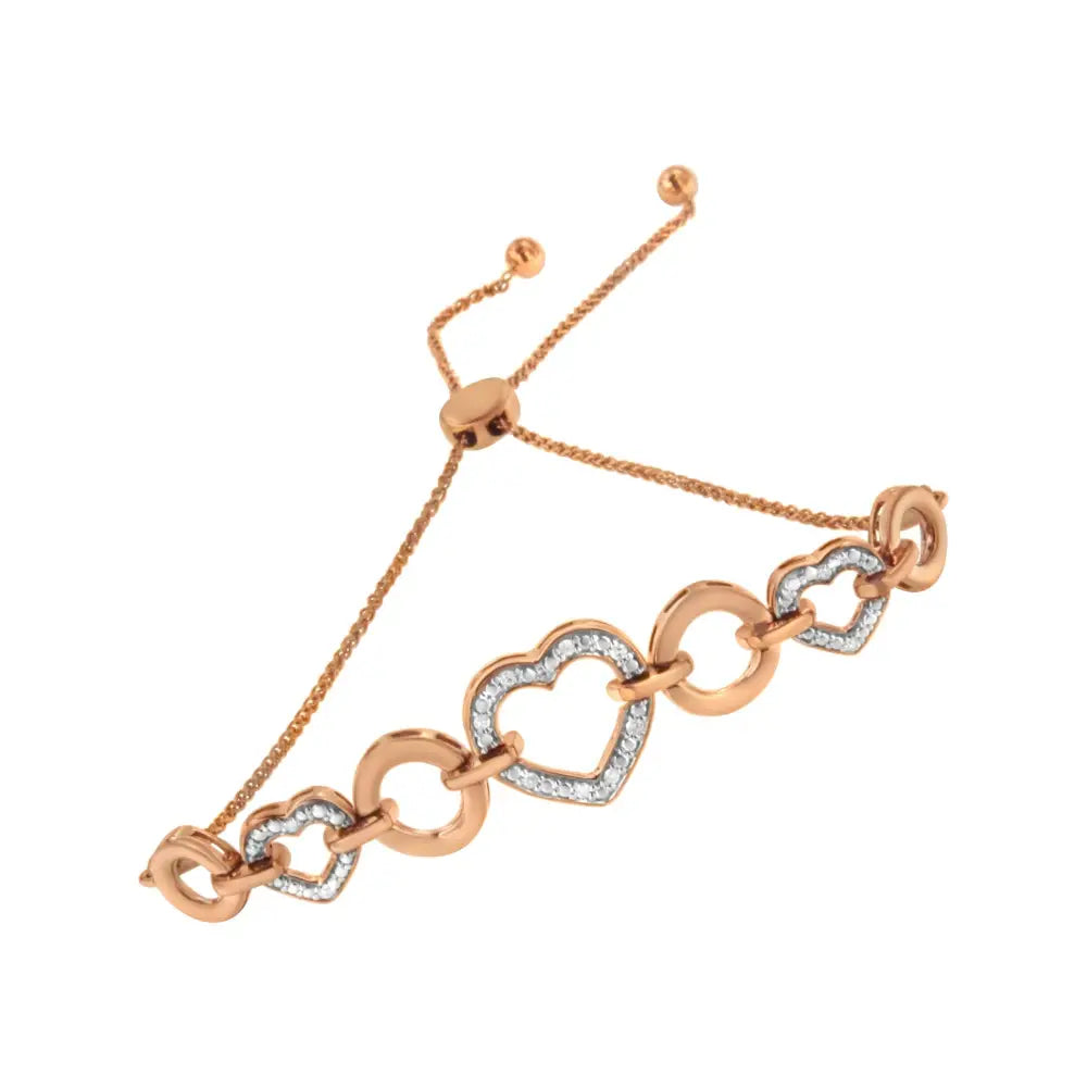 Diamond Accent Circle and Heart Link Bolo Bracelet in Rose Gold Over Silver