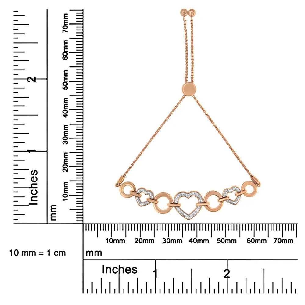 Diamond Accent Circle and Heart Link Bolo Bracelet in Rose Gold Over Silver