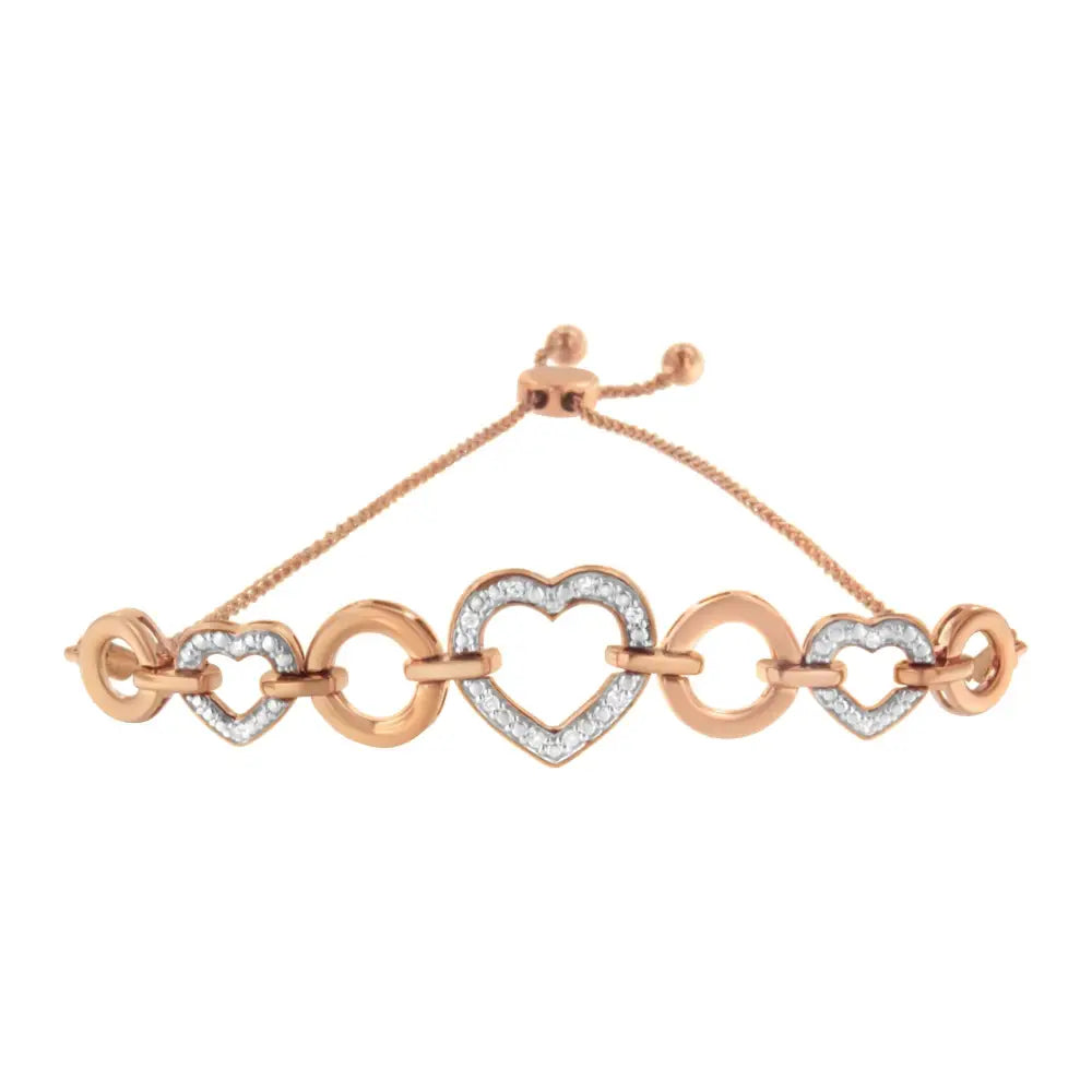 Diamond Accent Circle and Heart Link Bolo Bracelet in Rose Gold Over Silver
