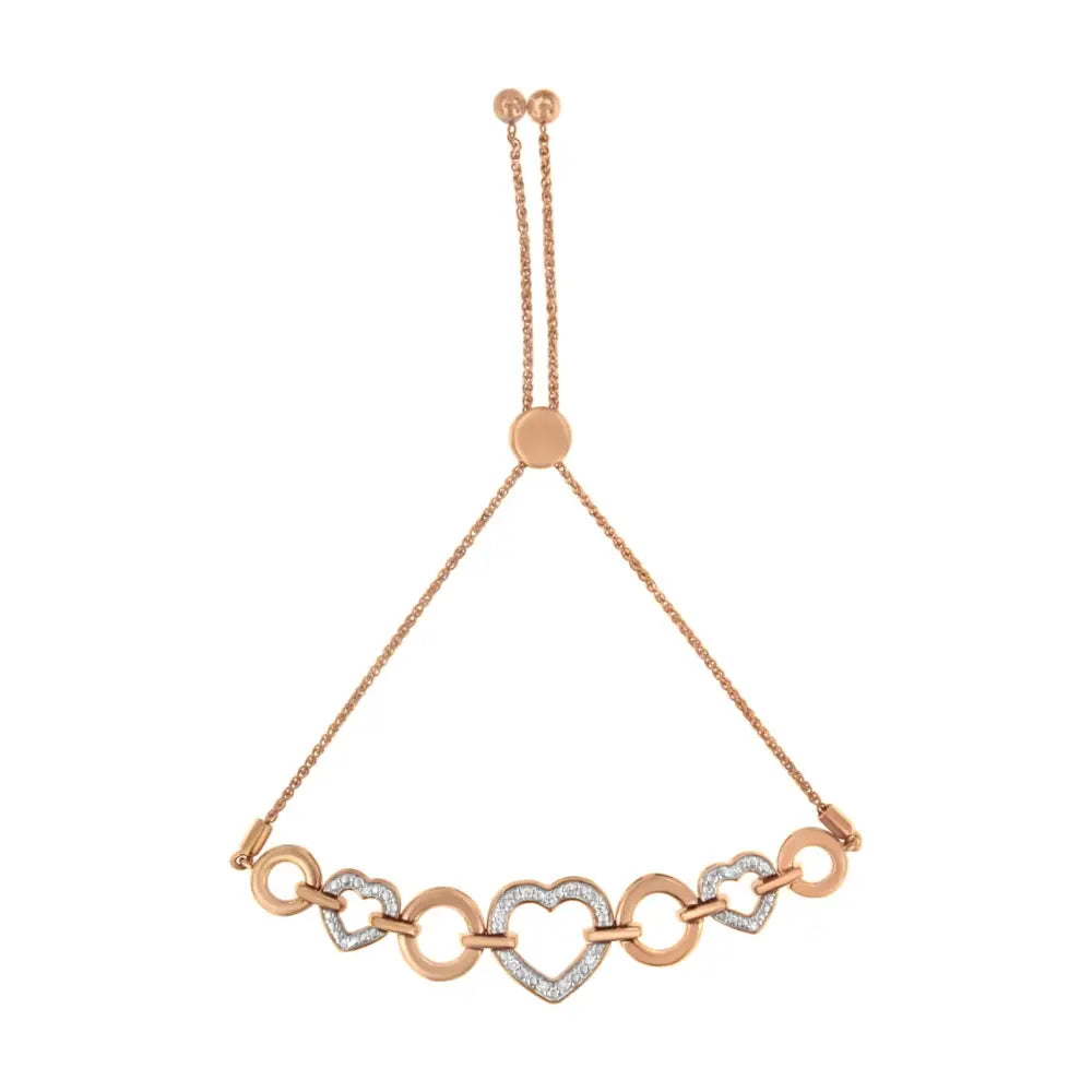 Diamond Accent Circle and Heart Link Bolo Bracelet in Rose Gold Over Silver