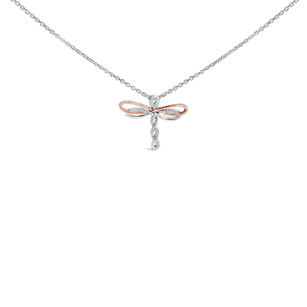 1/10 Cttw Diamond Dragonfly Pendant in 14K Rose Gold Plated Silver