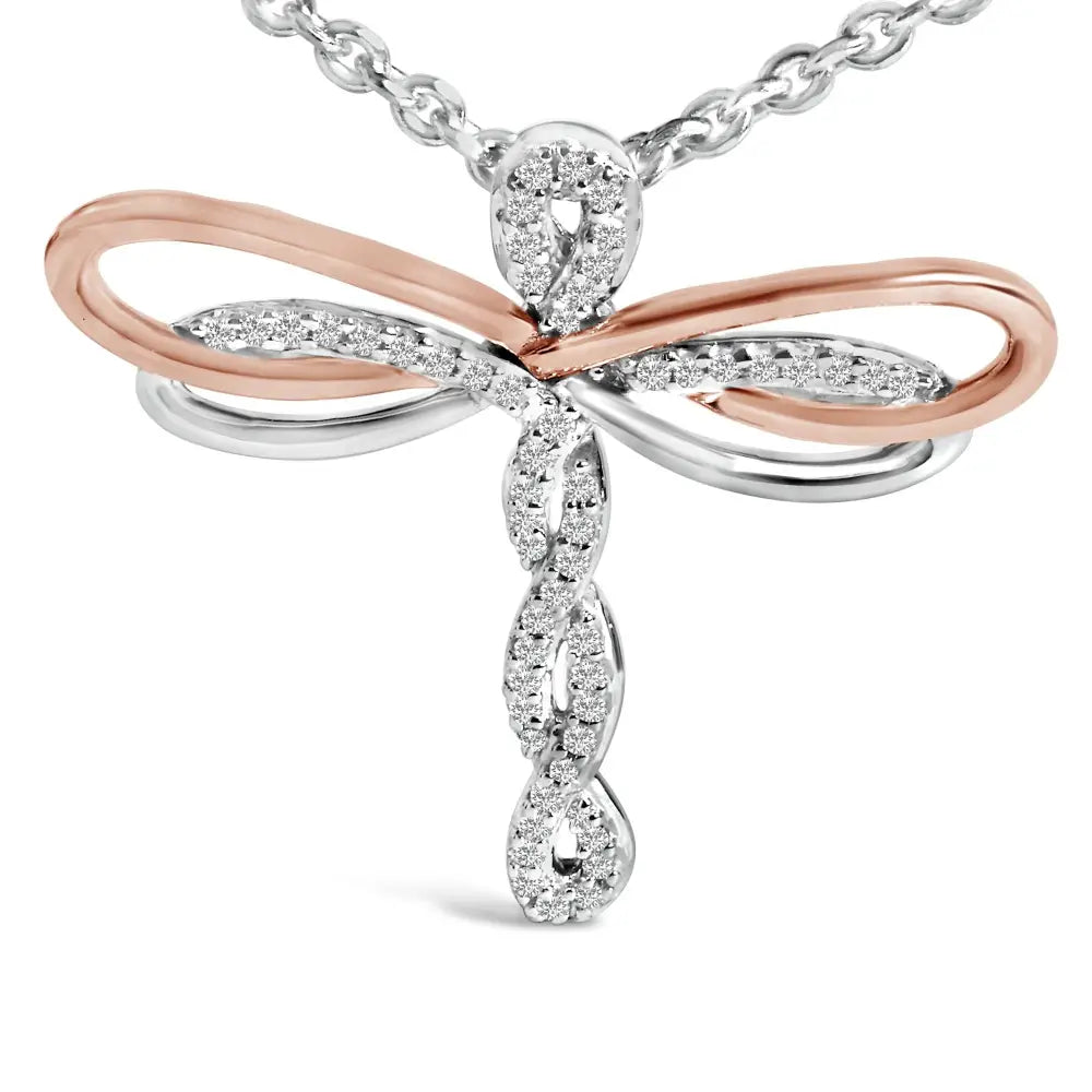1/10 Cttw Diamond Dragonfly Pendant in 14K Rose Gold Plated Silver