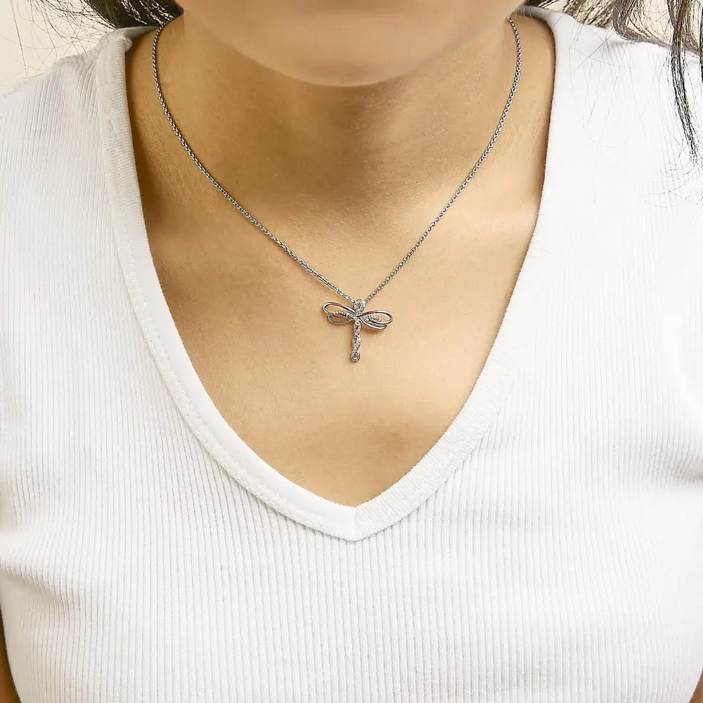 1/10 Cttw Diamond Dragonfly Pendant in 14K Rose Gold Plated Silver