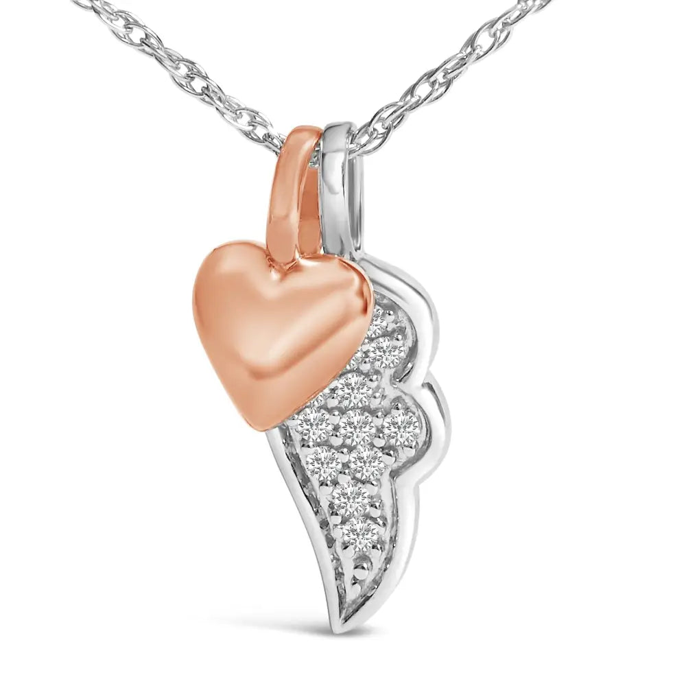Diamond Heart and Wing Pendant in 14K Rose Gold Plated Sterling Silver
