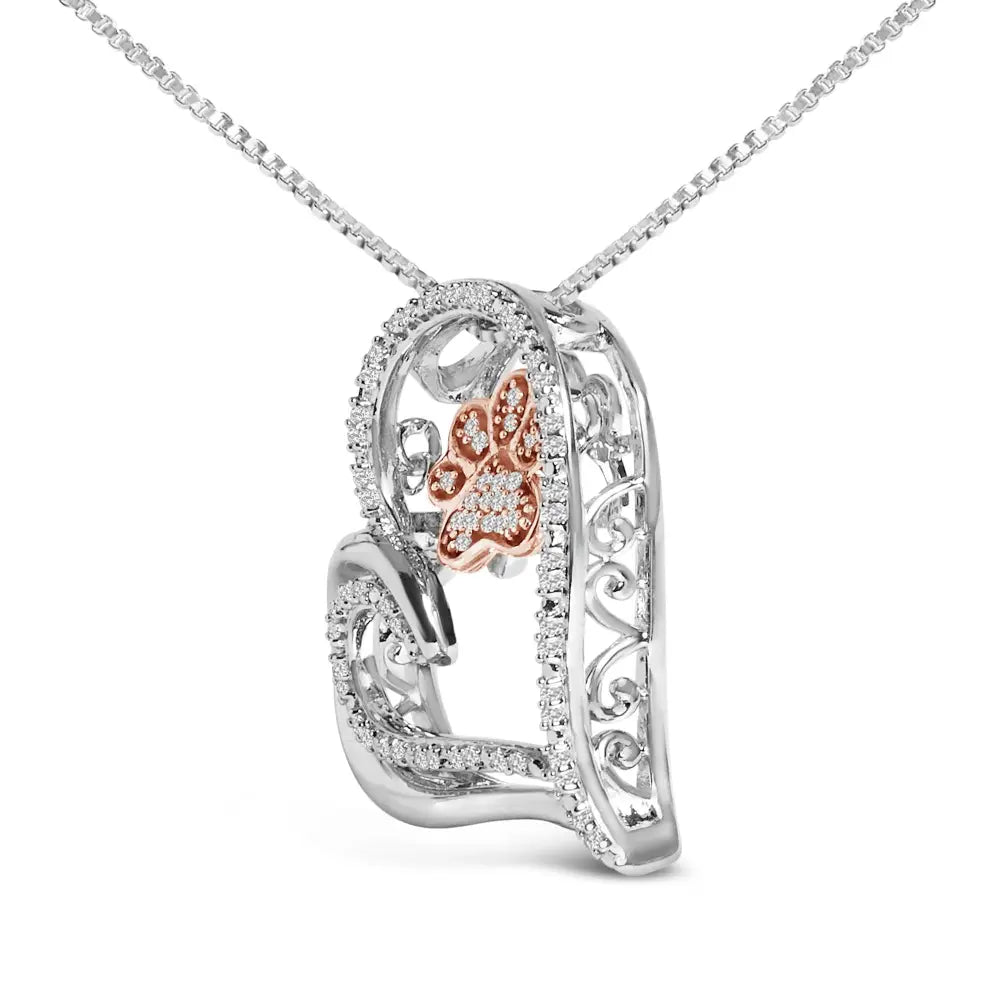Diamond Paw and Heart Pendant in 14K Rose Gold Plated Sterling Silver