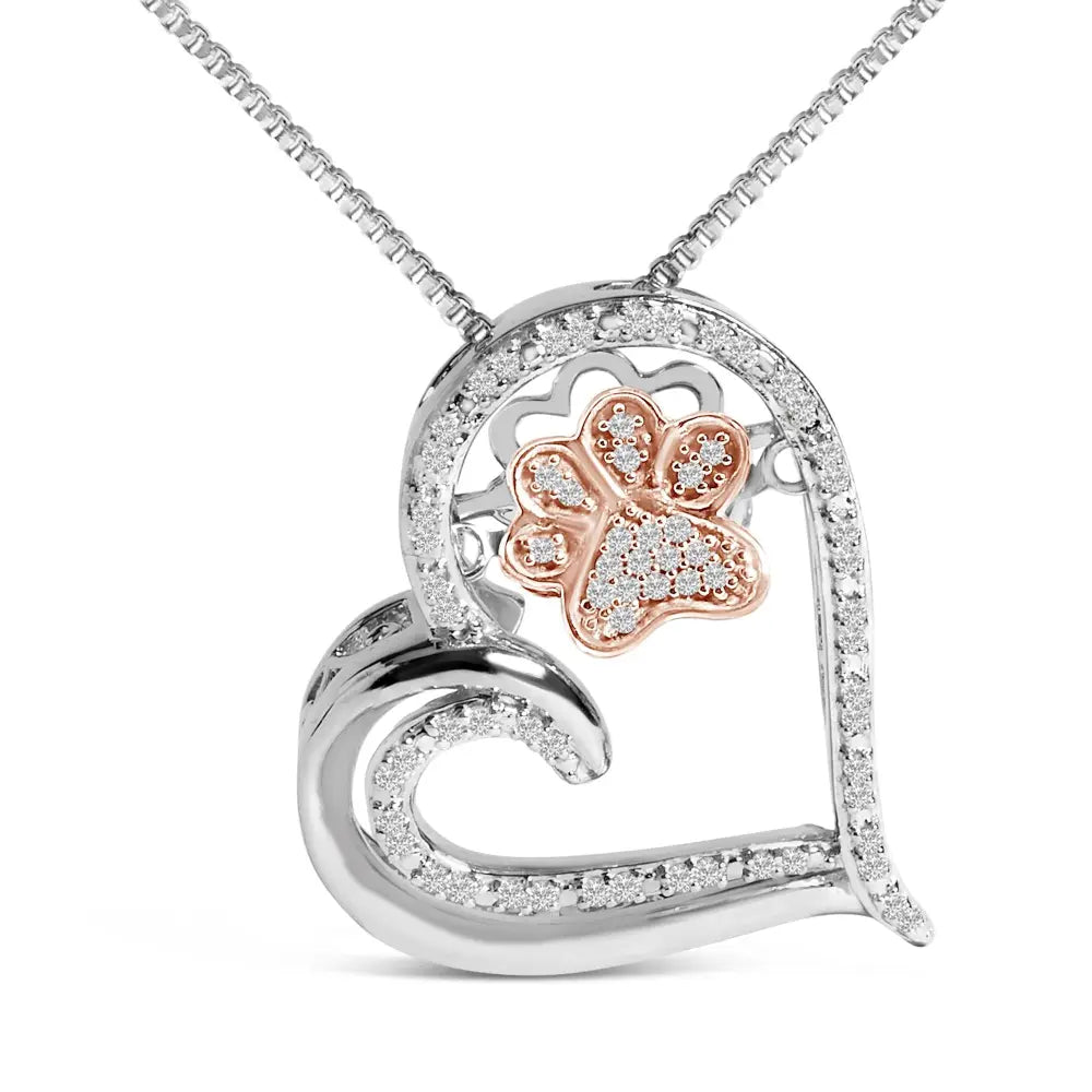 Diamond Paw and Heart Pendant in 14K Rose Gold Plated Sterling Silver