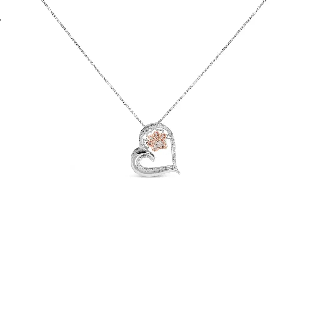 Diamond Paw and Heart Pendant in 14K Rose Gold Plated Sterling Silver