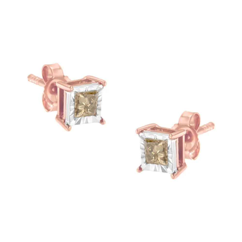 1/2 Cttw Princess Cut Diamond Miracle Plate Studs in Rose Gold Silver