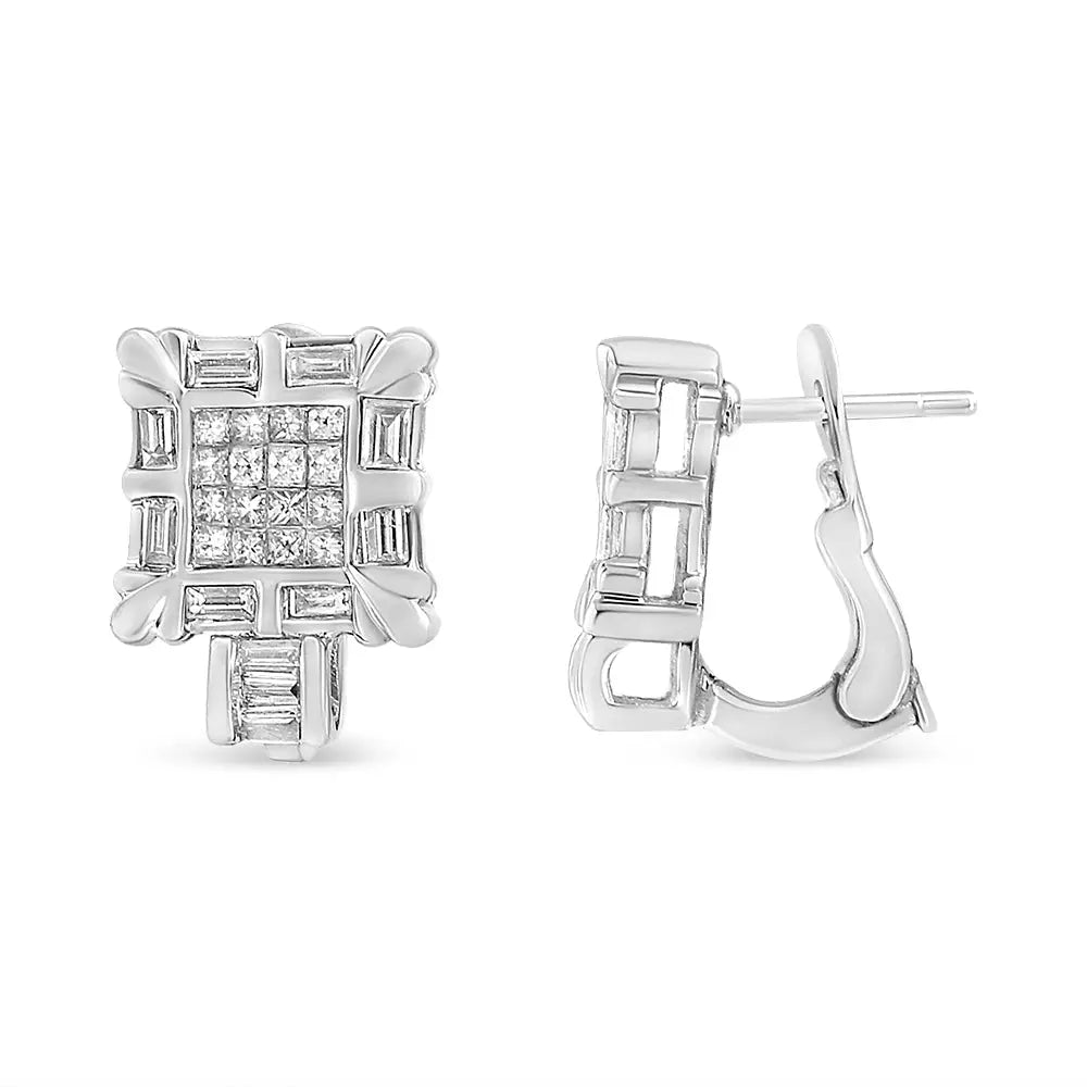 Princess Cut and Baguette Diamond Huggie Earrings in 14K White Gold 1 Cttw