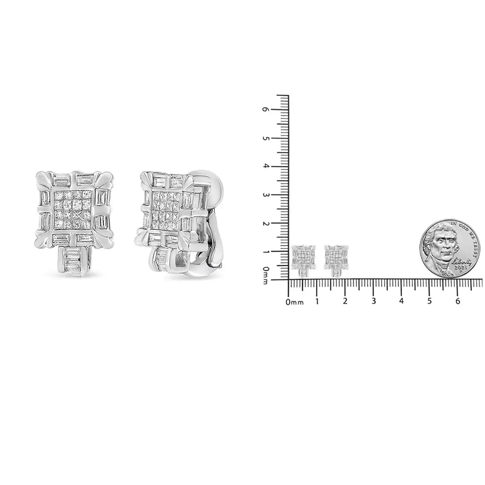 Princess Cut and Baguette Diamond Huggie Earrings in 14K White Gold 1 Cttw
