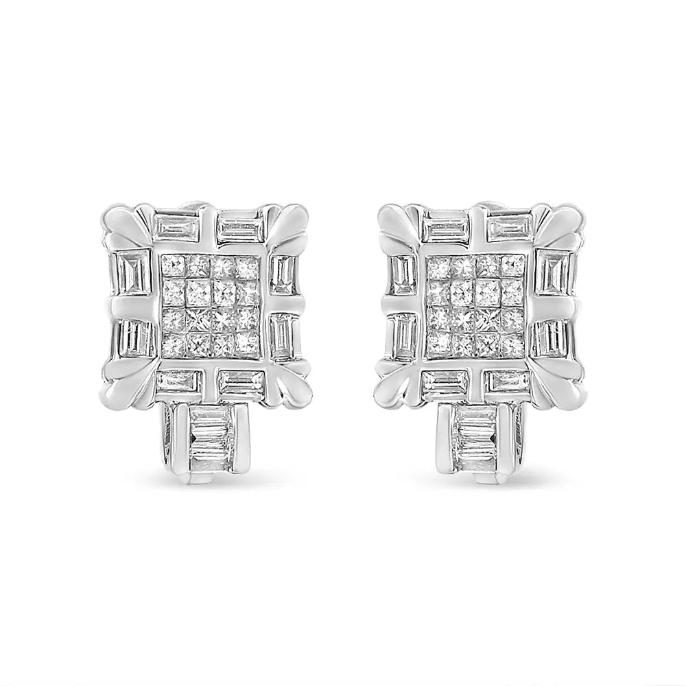 Princess Cut and Baguette Diamond Huggie Earrings in 14K White Gold 1 Cttw