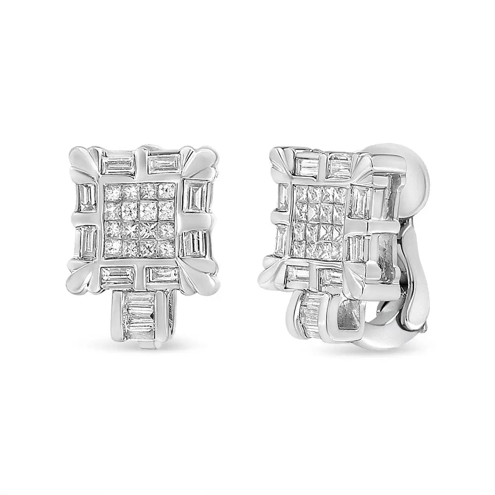Princess Cut and Baguette Diamond Huggie Earrings in 14K White Gold 1 Cttw