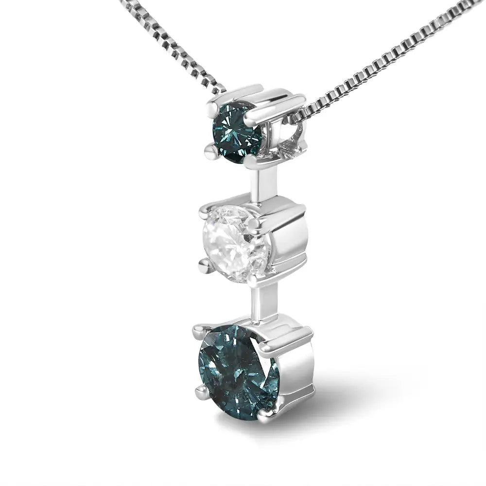 Blue and White Diamond Three Stone Necklace in 14K White Gold 1.50 Cttw
