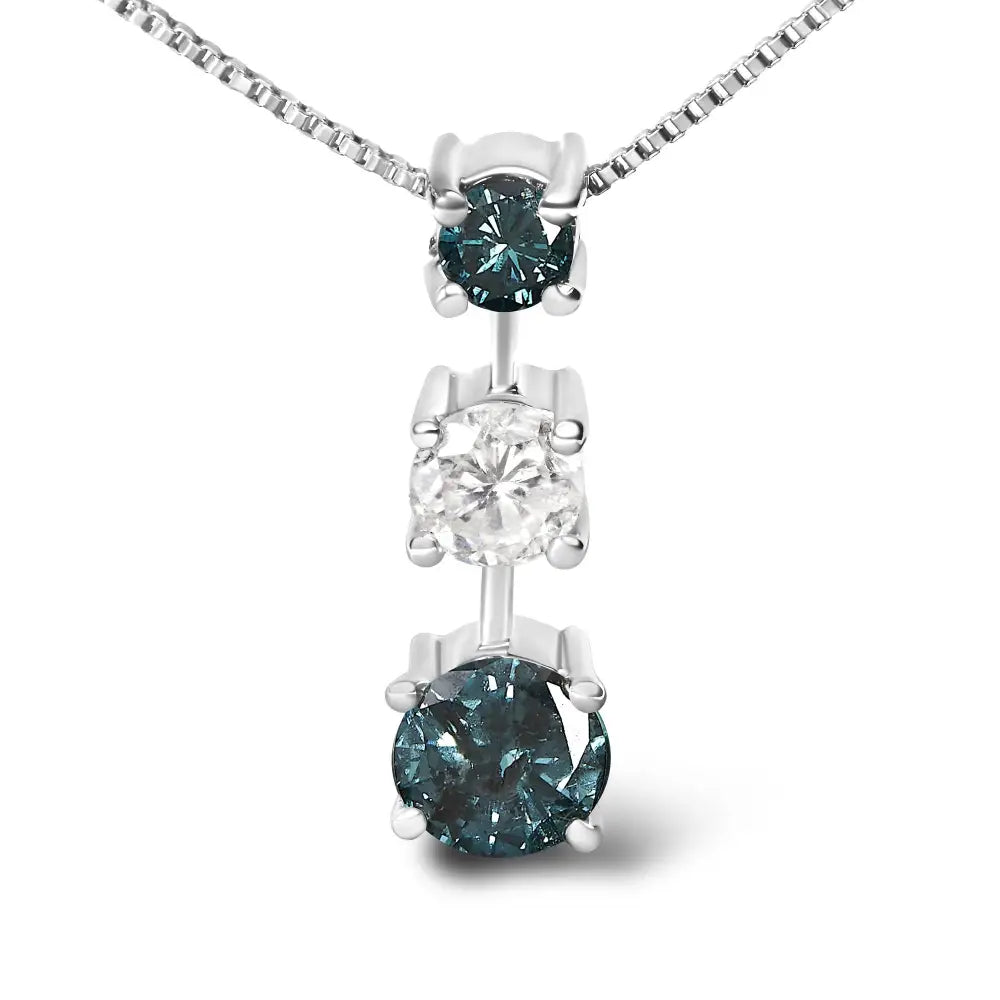 Blue and White Diamond Three Stone Necklace in 14K White Gold 1.50 Cttw
