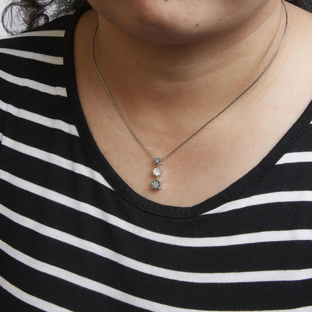 Blue and White Diamond Three Stone Necklace in 14K White Gold 1.50 Cttw