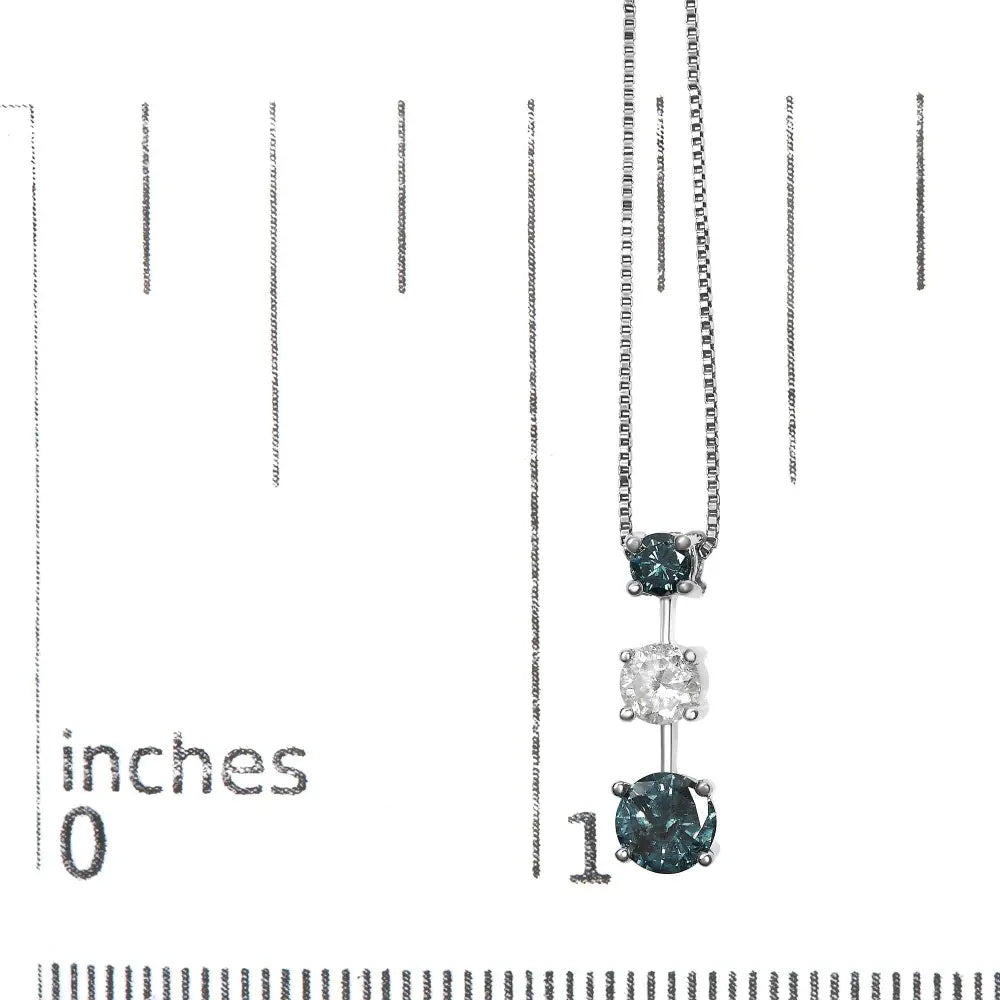 Blue and White Diamond Three Stone Necklace in 14K White Gold 1.50 Cttw