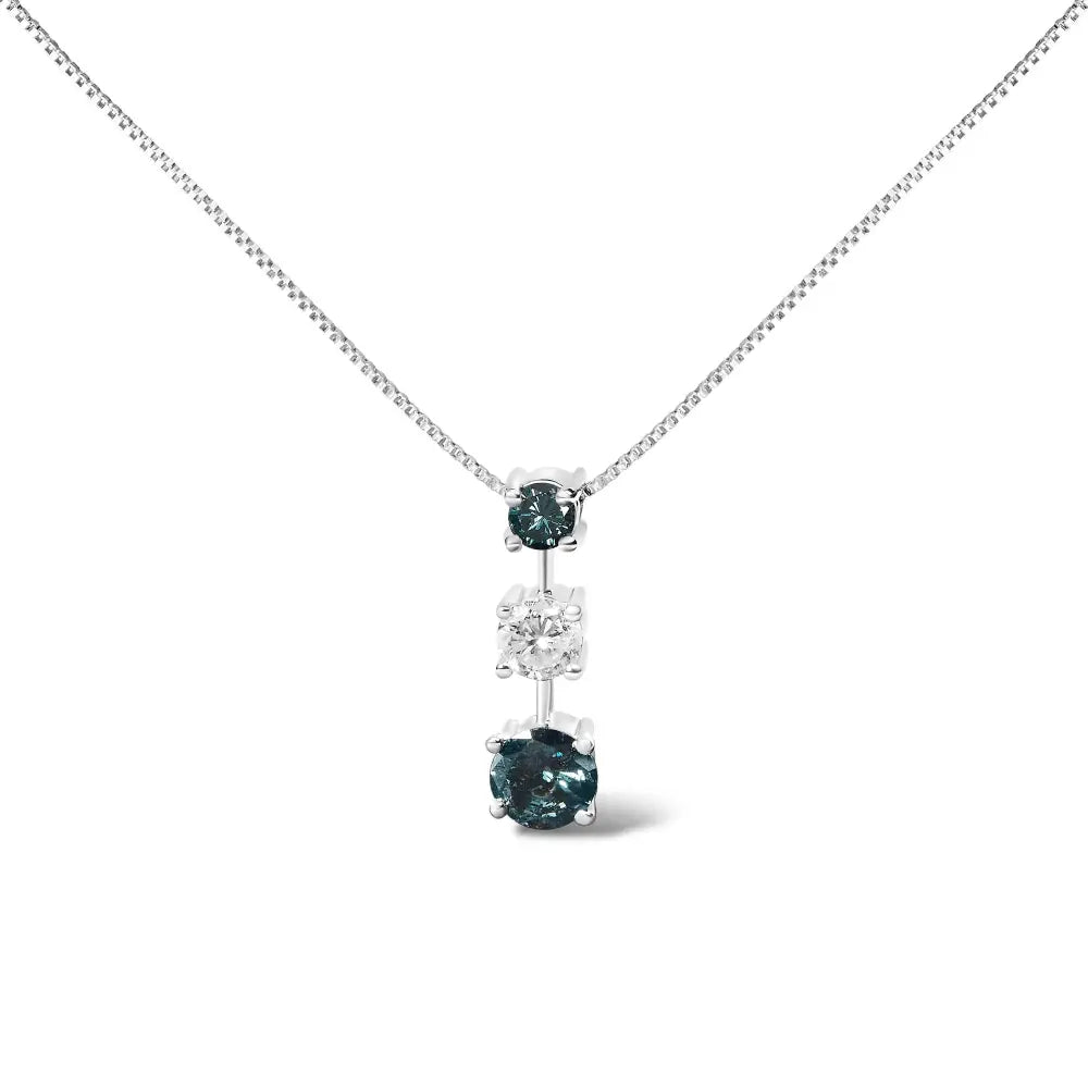 Blue and White Diamond Three Stone Necklace in 14K White Gold 1.50 Cttw