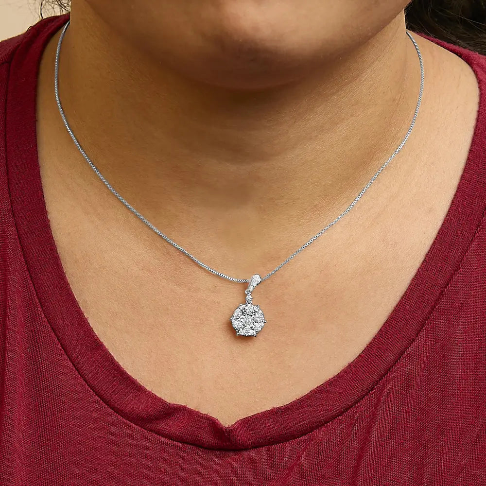 1.20 Carat Diamond Cluster Pendant Necklace in 14K White Gold 18 Inch