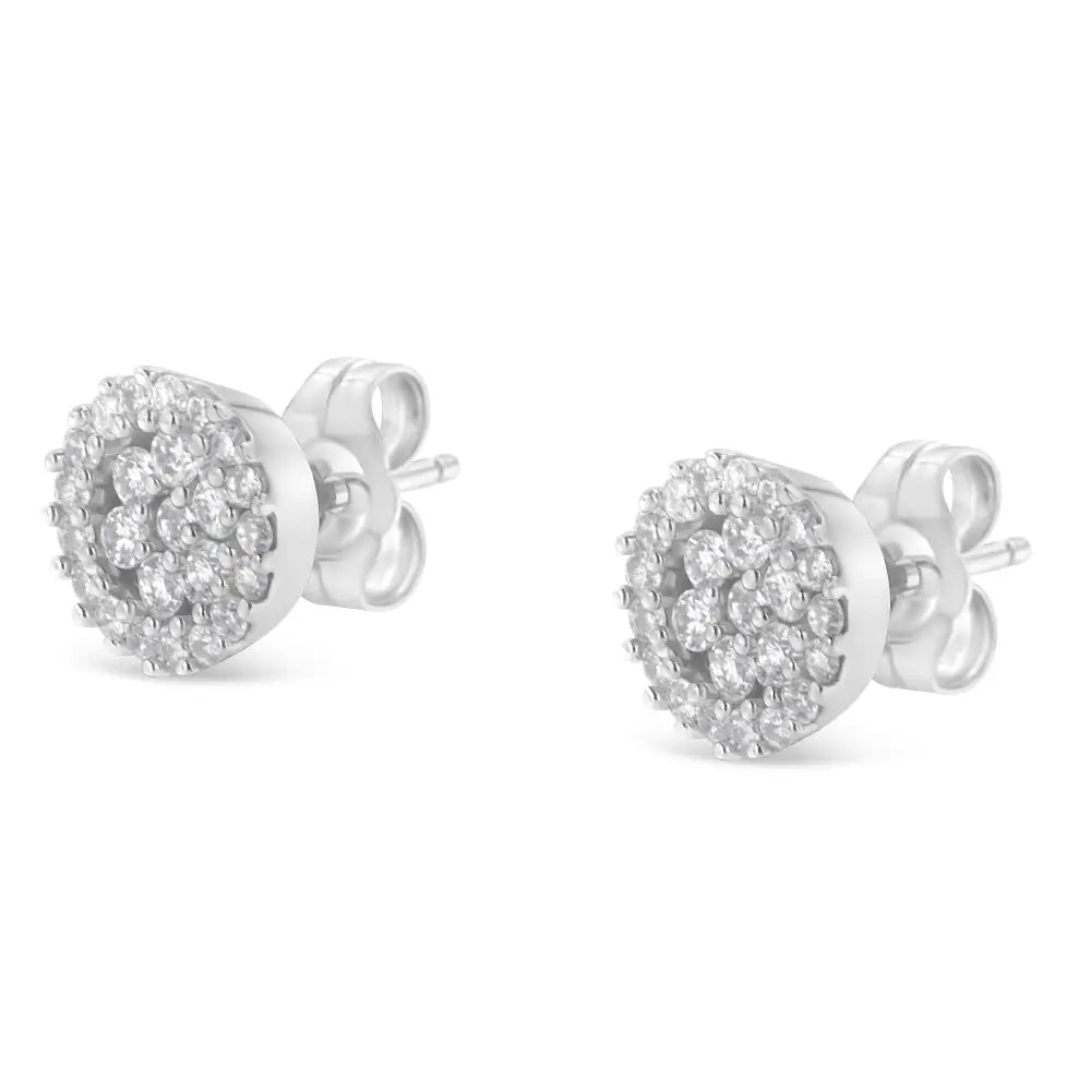 1/2 Cttw Diamond Triple Halo Cluster Button Stud Earrings in 14K White Gold