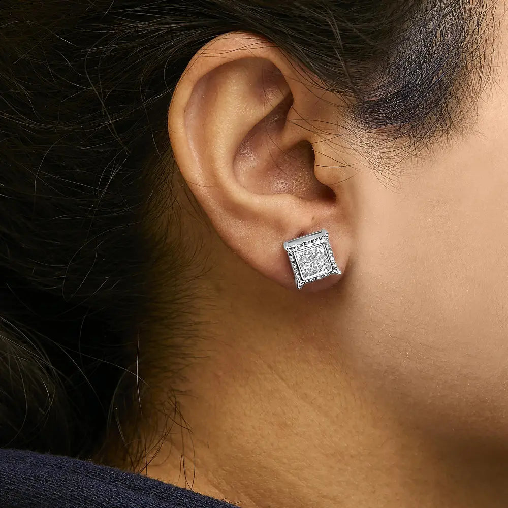 2.00 Cttw Princess Cut Lab Grown Diamond 14K White Gold Wavy Studs