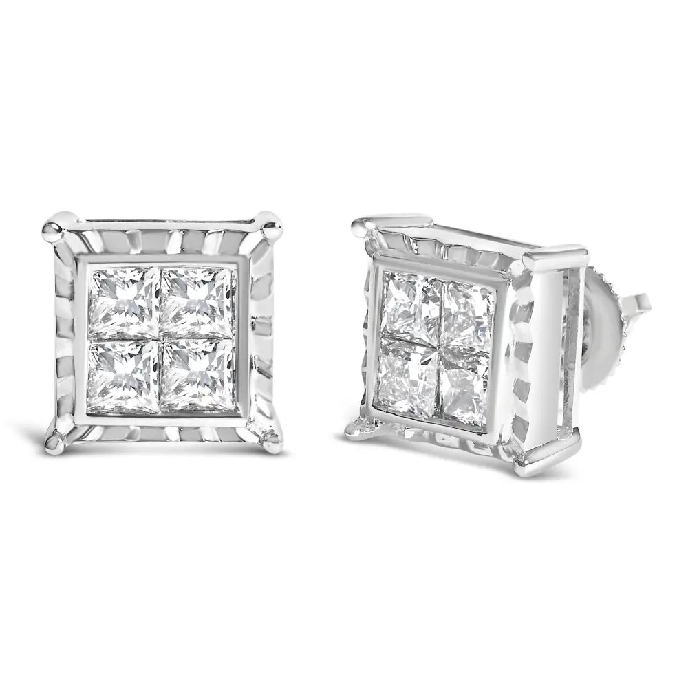 2.00 Cttw Princess Cut Lab Grown Diamond 14K White Gold Wavy Studs