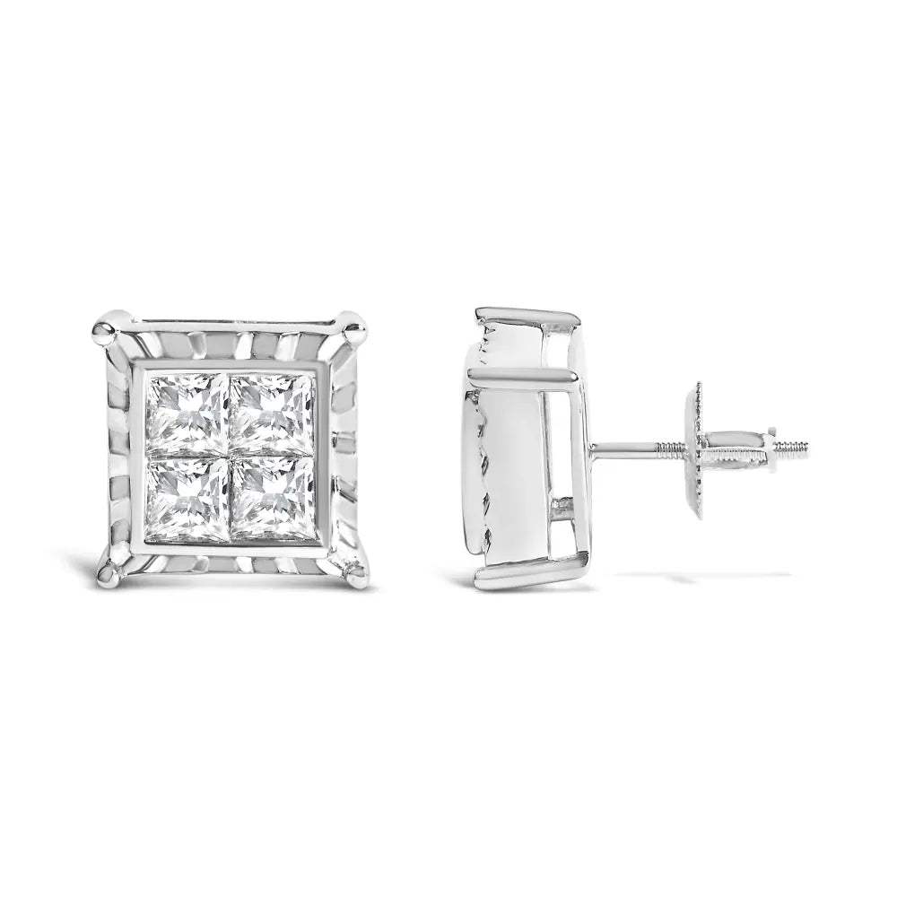 2.00 Cttw Princess Cut Lab Grown Diamond 14K White Gold Wavy Studs