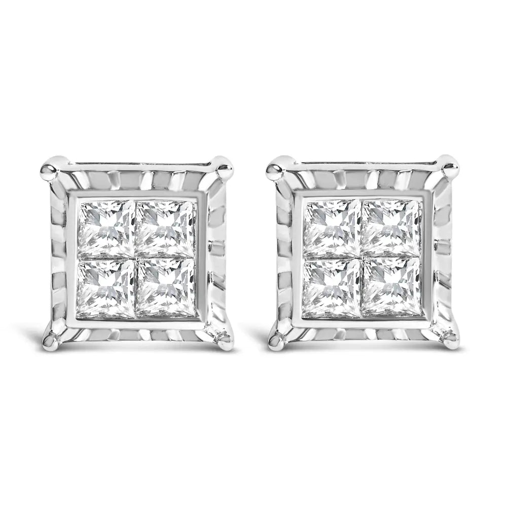 2.00 Cttw Princess Cut Lab Grown Diamond 14K White Gold Wavy Studs