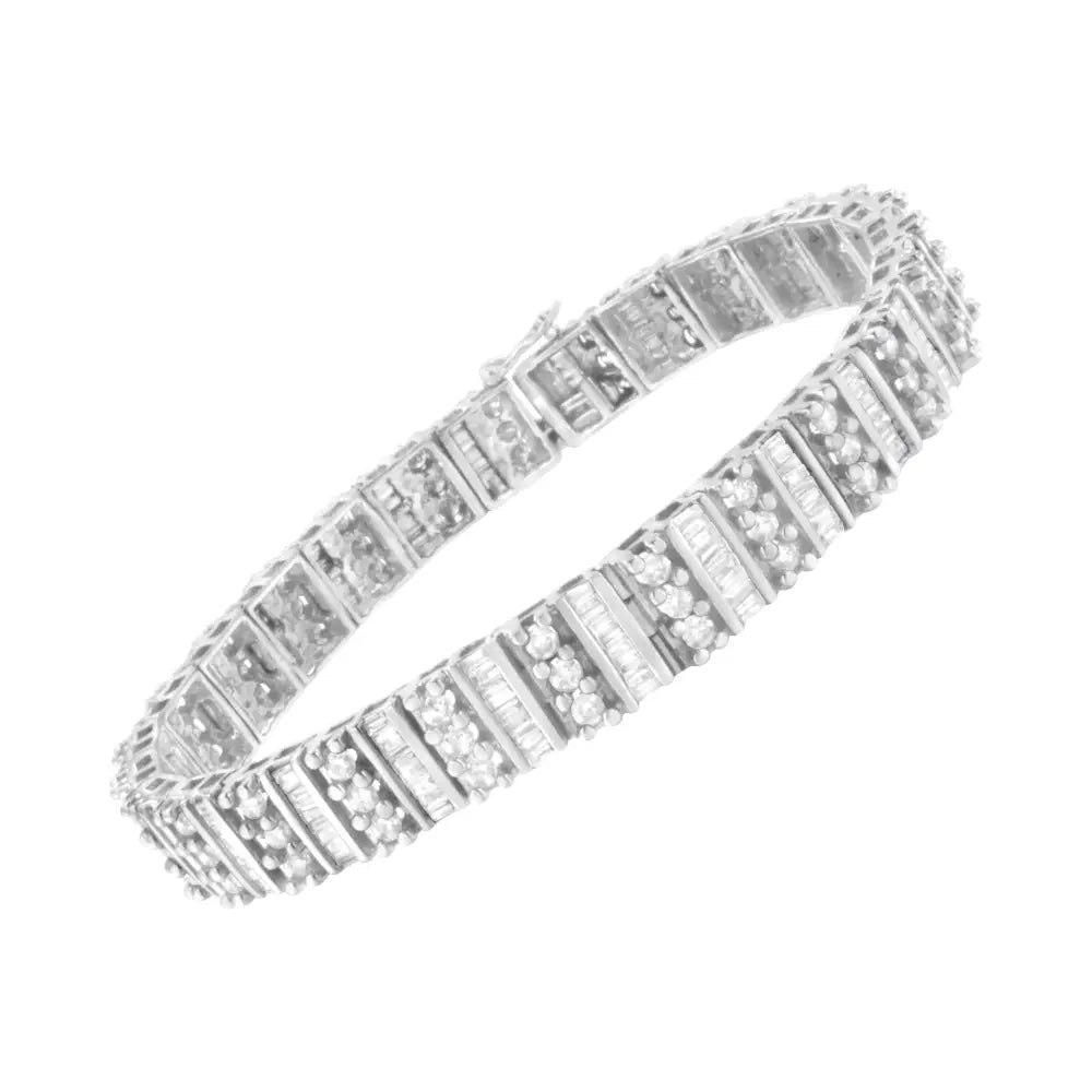 Baguette and Round Diamond Tennis Bracelet in 14K White Gold 4 7/8 Cttw