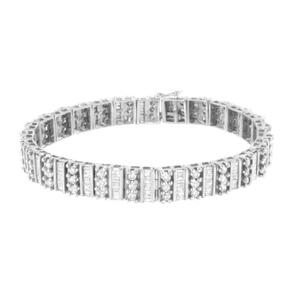 Baguette and Round Diamond Tennis Bracelet in 14K White Gold 4 7/8 Cttw
