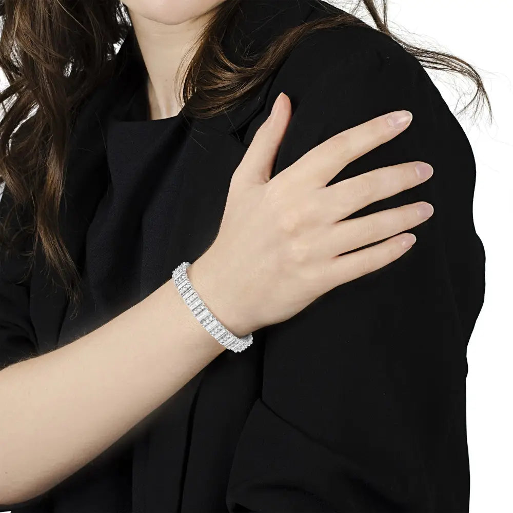 Baguette and Round Diamond Tennis Bracelet in 14K White Gold 4 7/8 Cttw