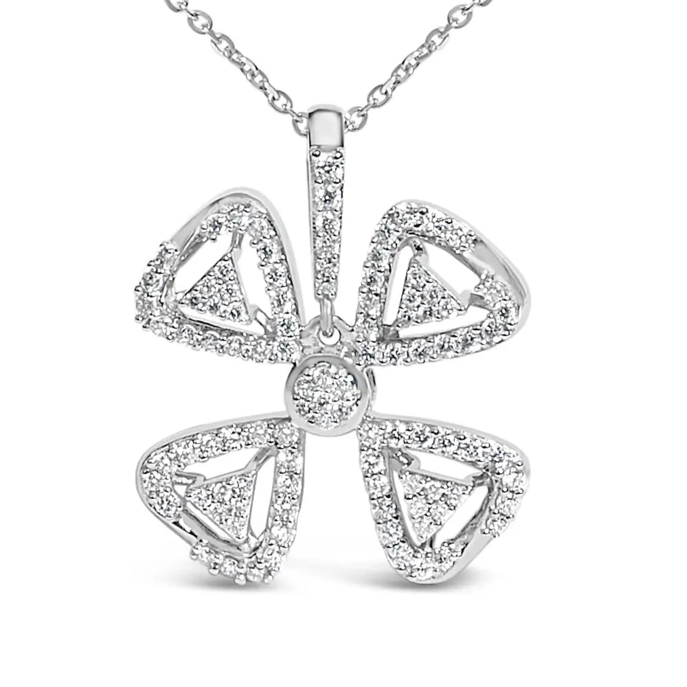 14K White Gold 5/8 Cttw Diamond Four Leaf Floral Pendant Necklace 18 Inch