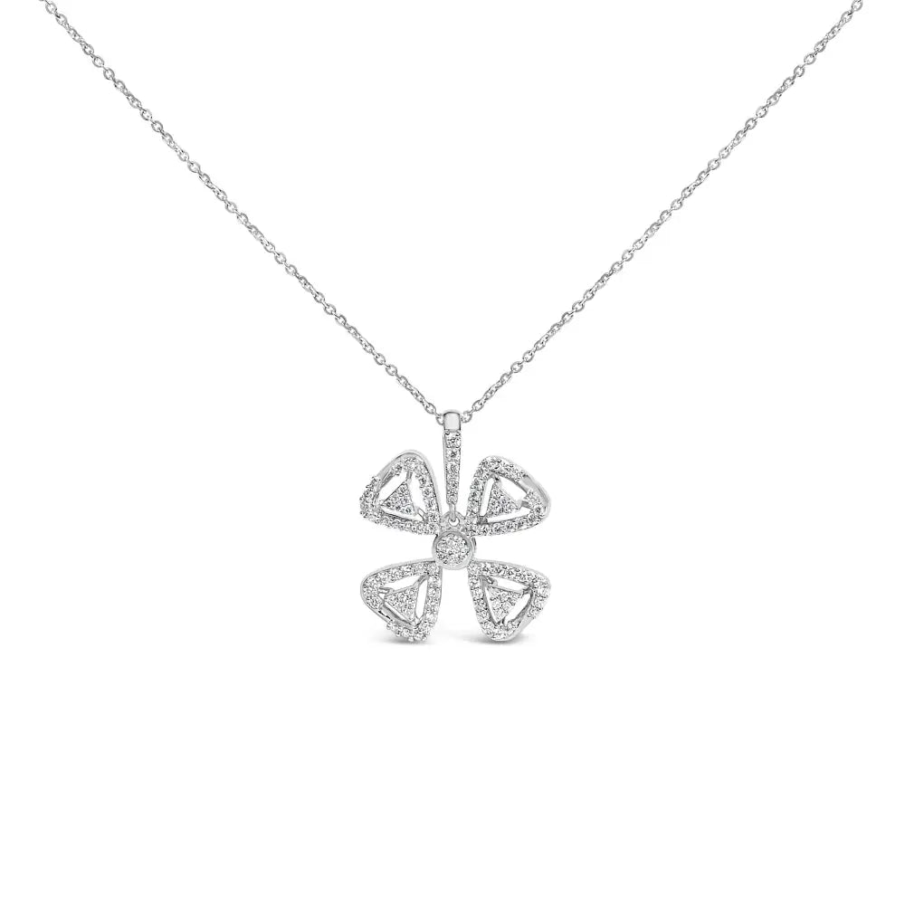 14K White Gold 5/8 Cttw Diamond Four Leaf Floral Pendant Necklace 18 Inch