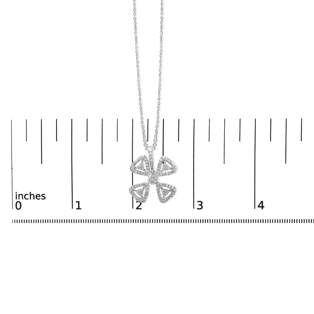 14K White Gold 5/8 Cttw Diamond Four Leaf Floral Pendant Necklace 18 Inch