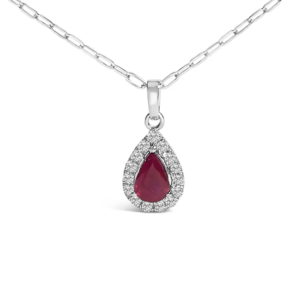 14K White Gold Pear Ruby and Diamond Halo Paperclip Necklace 18