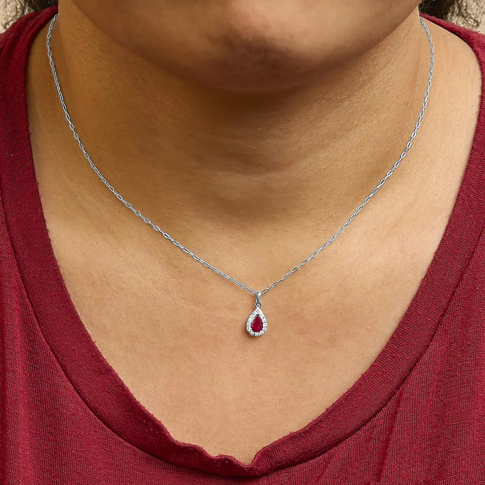 14K White Gold Pear Ruby and Diamond Halo Paperclip Necklace 18