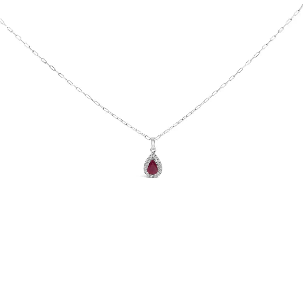 14K White Gold Pear Ruby and Diamond Halo Paperclip Necklace 18