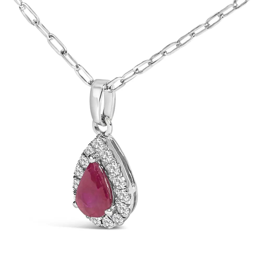 14K White Gold Pear Ruby and Diamond Halo Paperclip Necklace 18