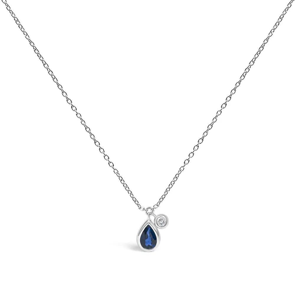 Pear Blue Sapphire and Diamond Bezel Pendant in 14K White Gold 18