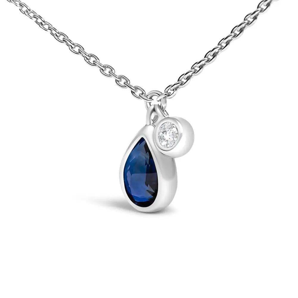 Pear Blue Sapphire and Diamond Bezel Pendant in 14K White Gold 18